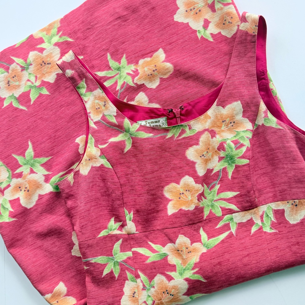 Vintage Tommy Bahama Red Hawaiian Tropical Floral Silk Sleeveless Sheath Dress 6